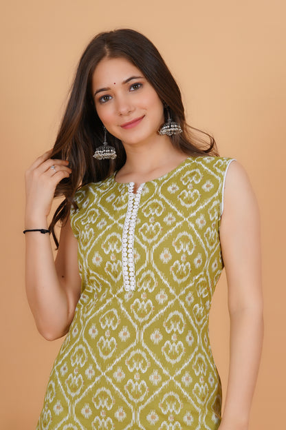 RimeLine Ethnic motifs printed Round neck Green Straight Kurta for Women