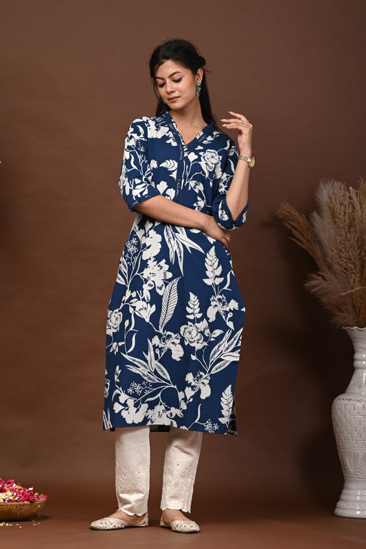 Rimeline Floral Screen Printed V-Neck Pure Cotton Straight Kurta