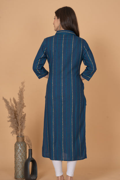 RimeLine Blue Collered Neck Kurti For Women
