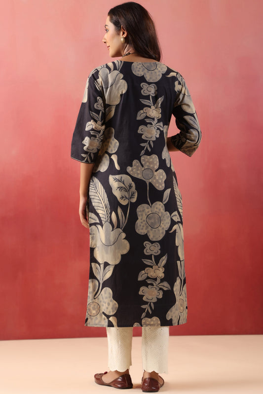 Rimeline Floral Printed V-Neck Pure Cotton Straight Kurta