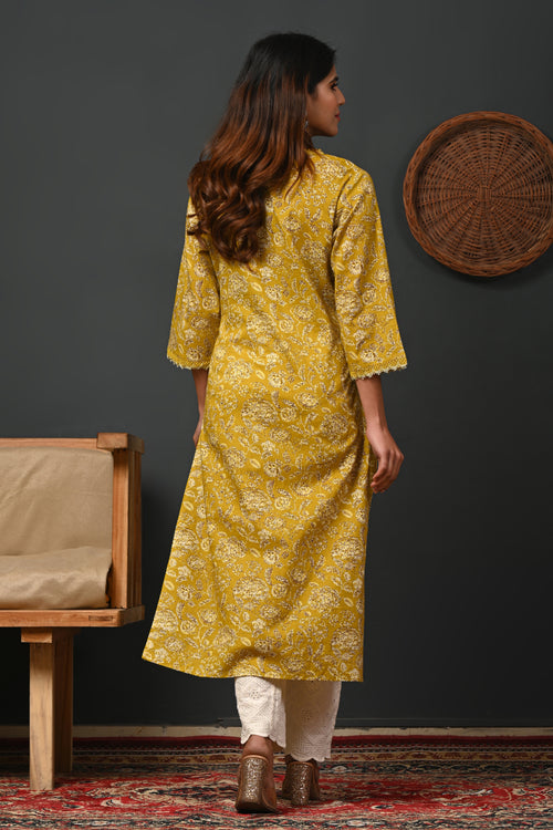 Floral Printed V-Neck Pure Cotton Straight Kurtas - Rimeline