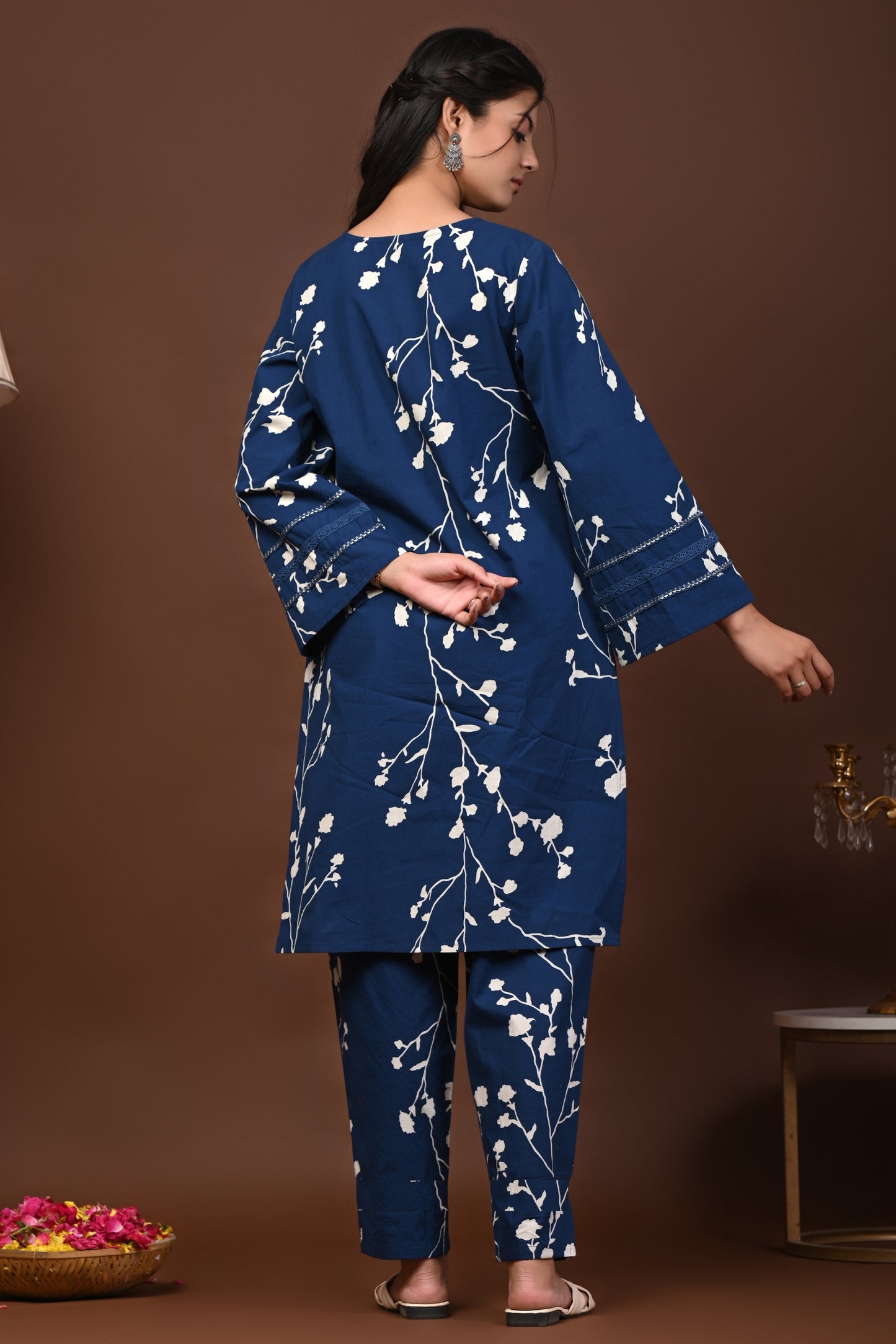 Rimeline Floral Printed V-Neck Flared Sleeves Pure Cotton Straight Kurta With Trouser