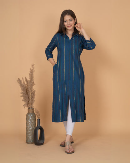 RimeLine Blue Collered Neck Kurti For Women