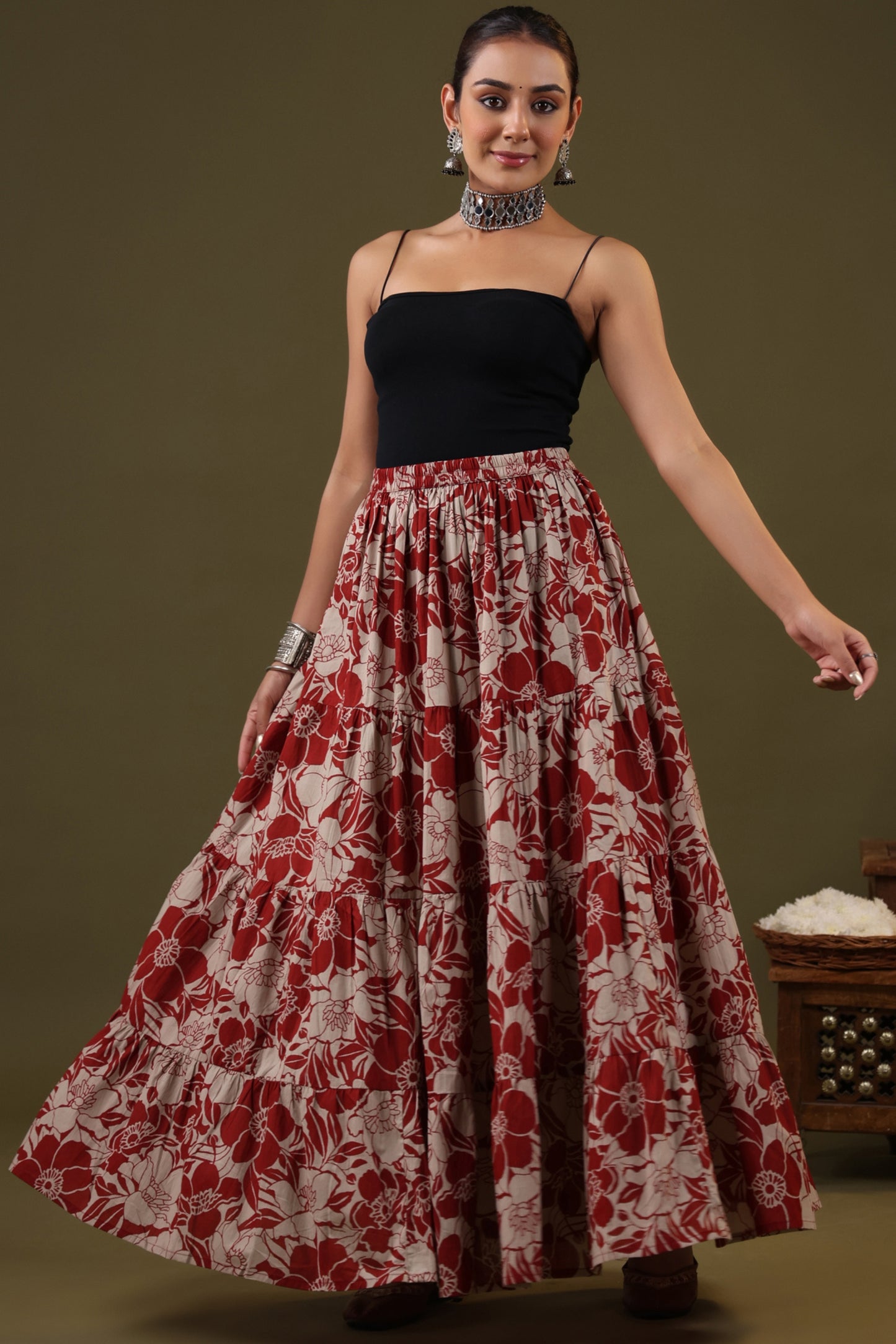 Rimeline Floral Printed Pure Cotton Flared Maxi Skirt