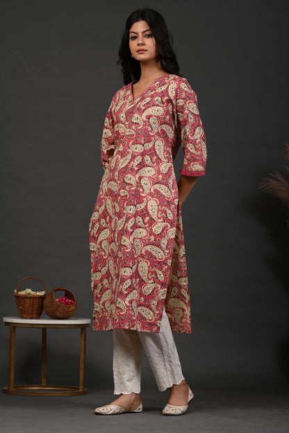 Rimeline Floral Printed V-Neck Cotton Straight Kurta