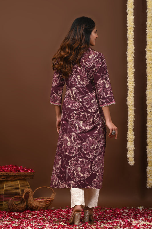 RimeLine Floral Printed Lavender V-Neck Straight Kurta