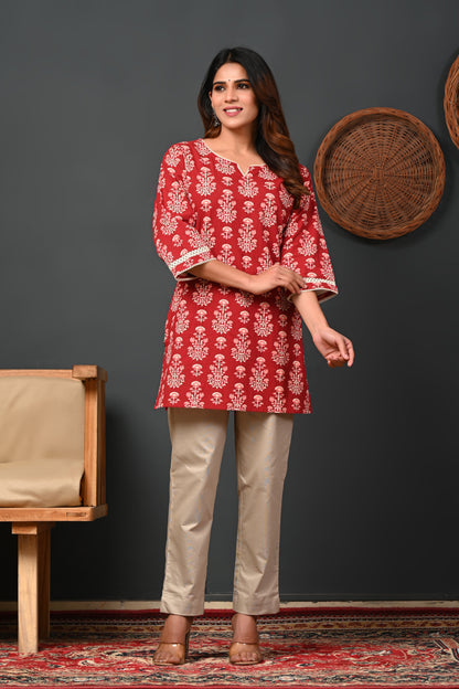 RimeLine Maroon Women Ethnic Motifs Printed Round-Neck Pure Cotton Kurti