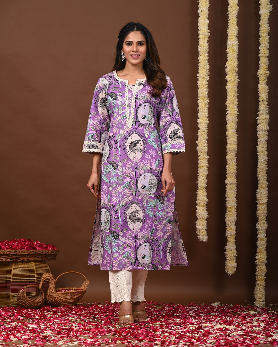 RimeLine Floral Printed Notch-Neck Straight Kurta