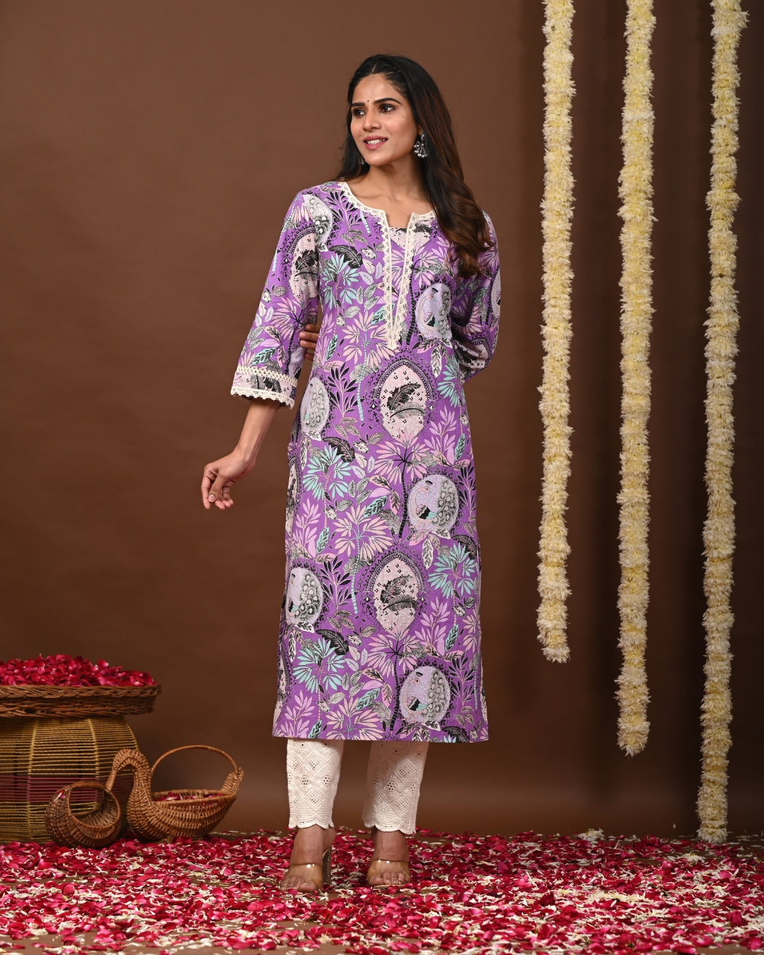 RimeLine Floral Printed Notch-Neck Straight Kurta