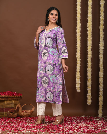 RimeLine Floral Printed Notch-Neck Straight Kurta