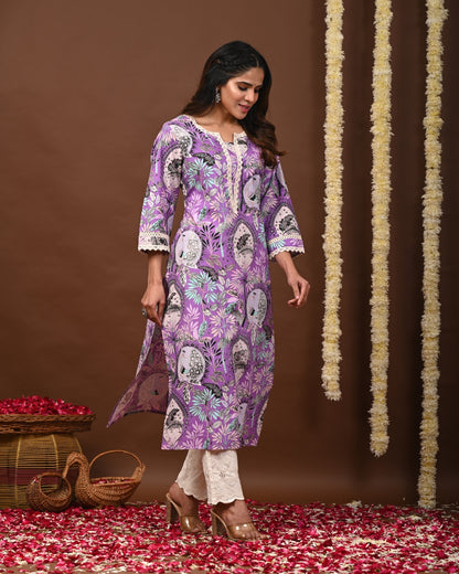 RimeLine Floral Printed Notch-Neck Straight Kurta