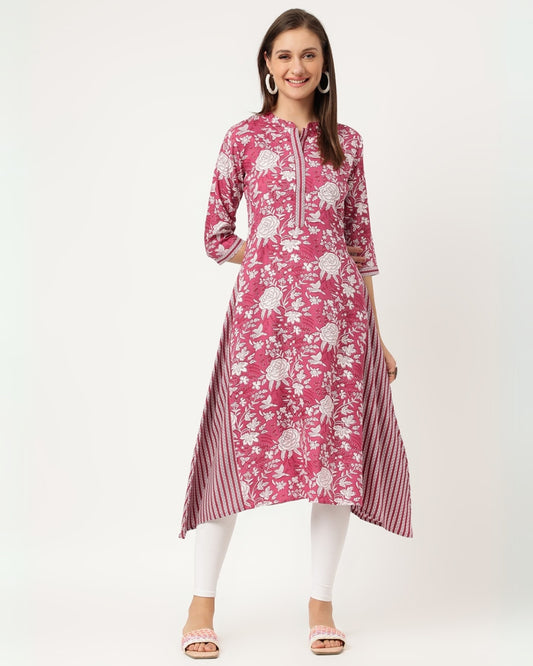 RimeLine Purple and White Floral Mandarin neck kurti for women