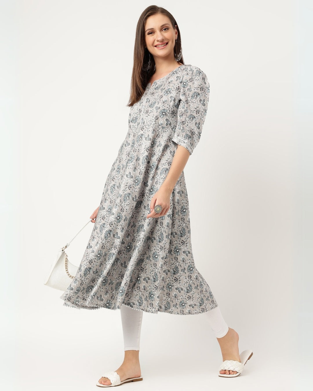 RimeLine Grey Paisley printed Round neck kurti For Women