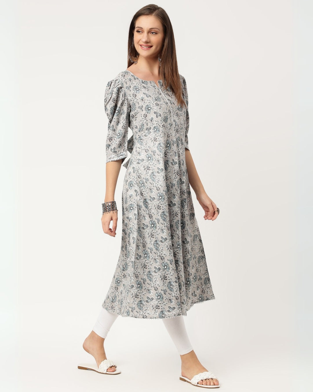 RimeLine Grey Paisley printed Round neck kurti For Women