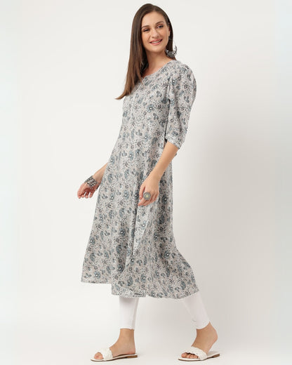 RimeLine Grey Paisley printed Round neck kurti For Women