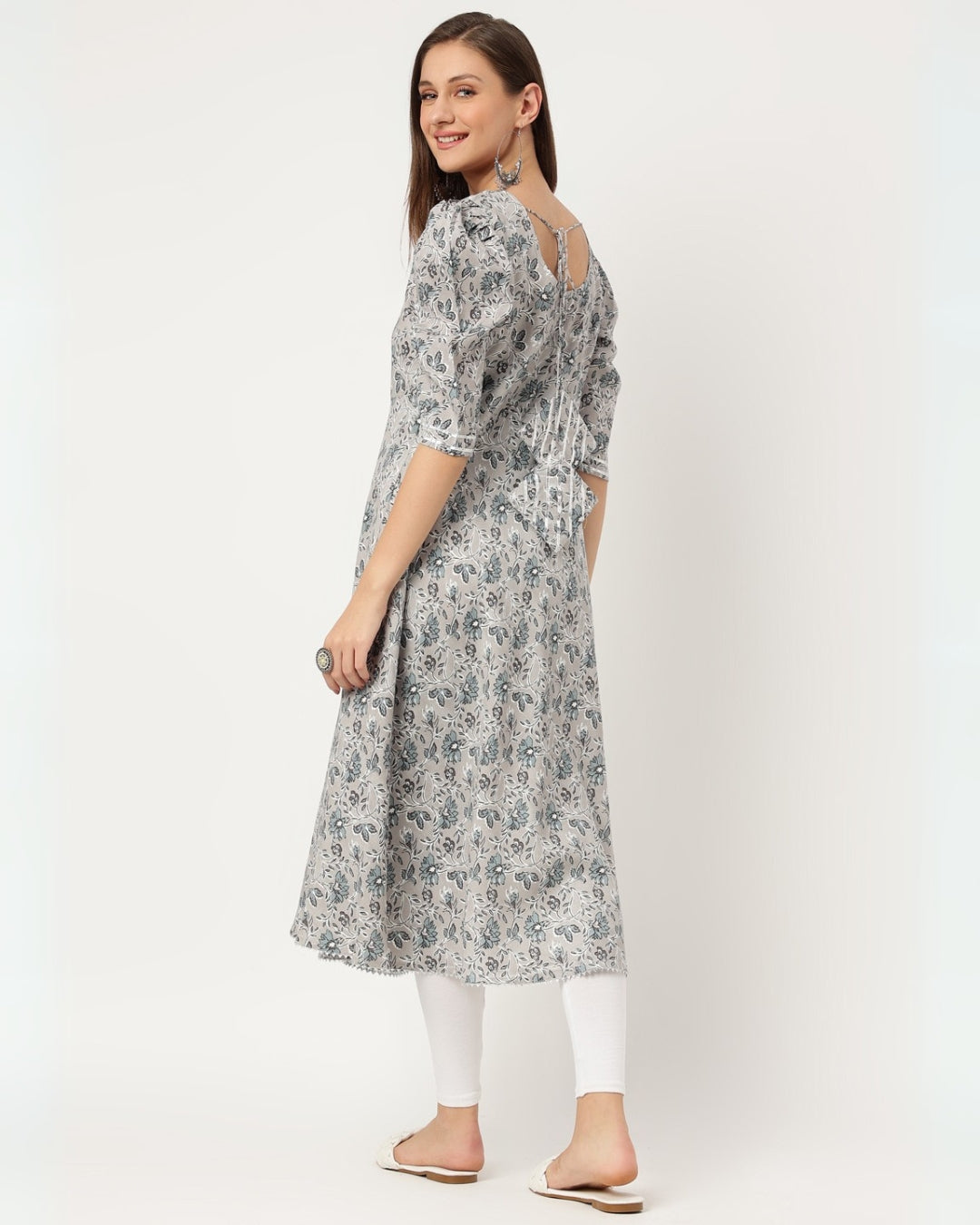 RimeLine Grey Paisley printed Round neck kurti For Women