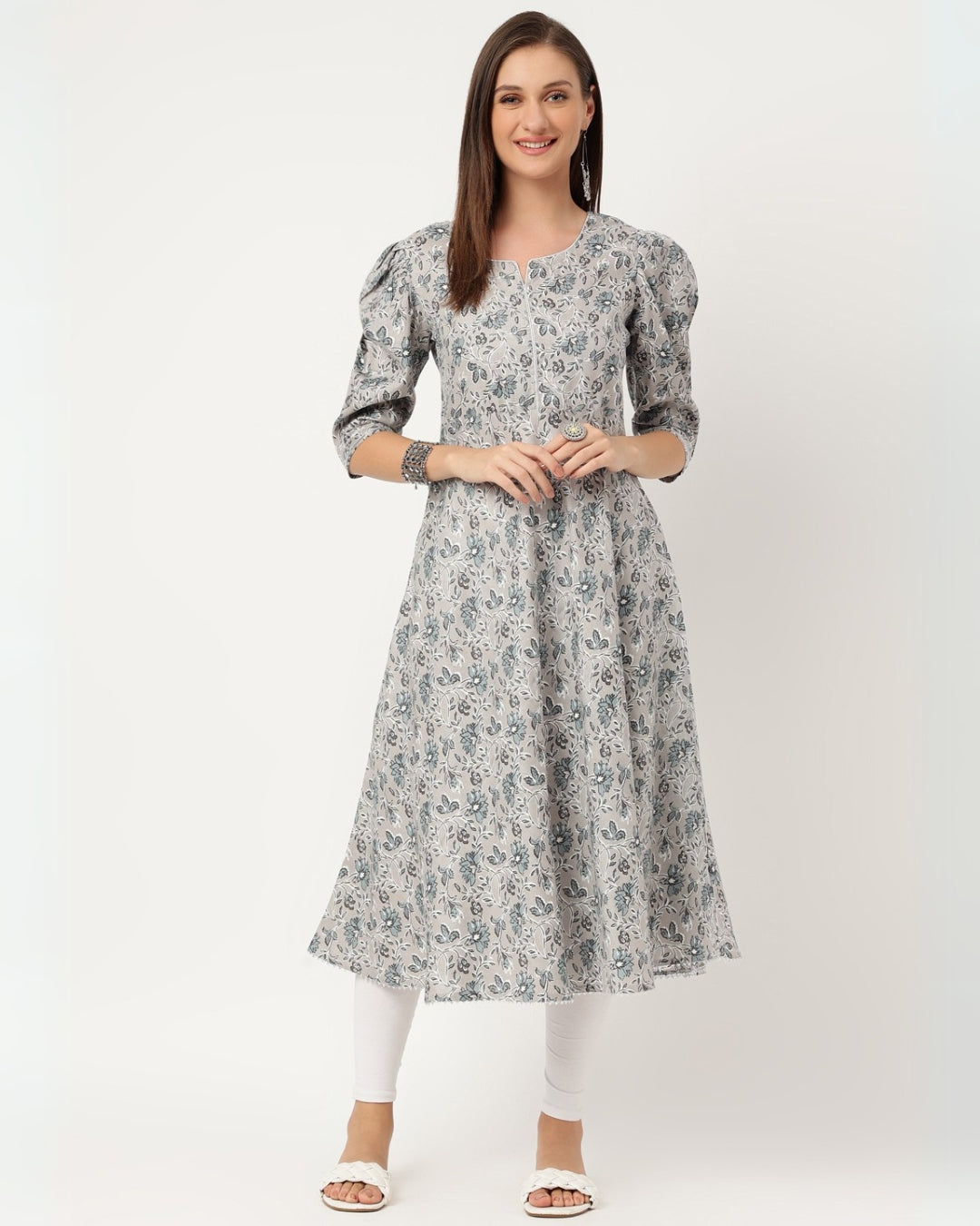 RimeLine Grey Paisley printed Round neck kurti For Women