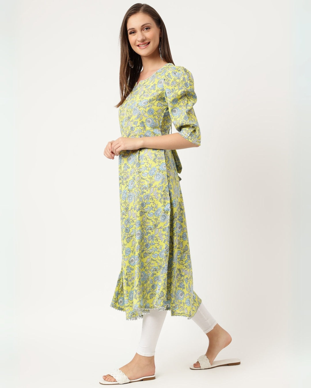 RimeLine  Green Paisley Printed Round neck kurti For Women