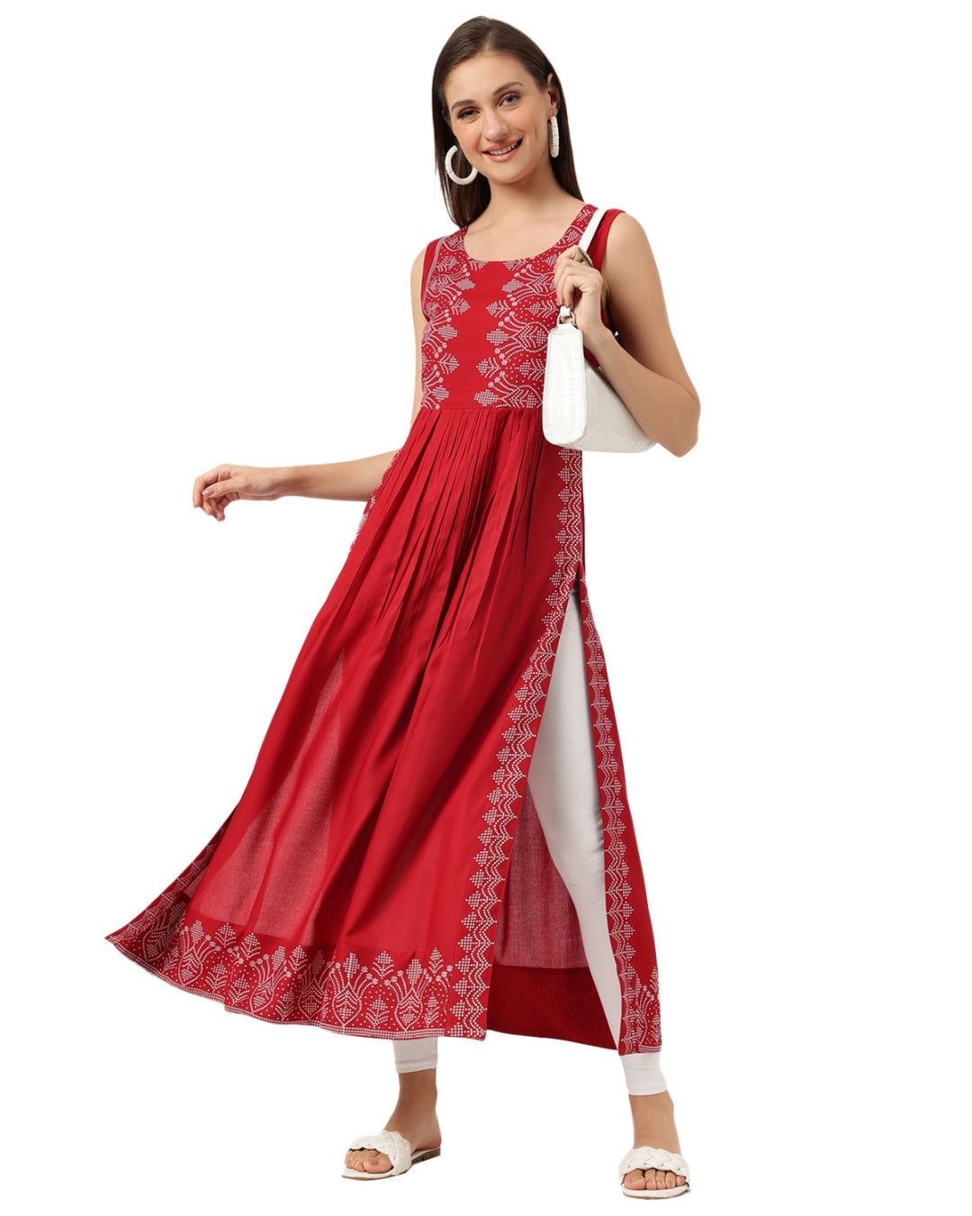 RimeLine Burgundy Ethnic motifs printed  Round neck Kurti For Women