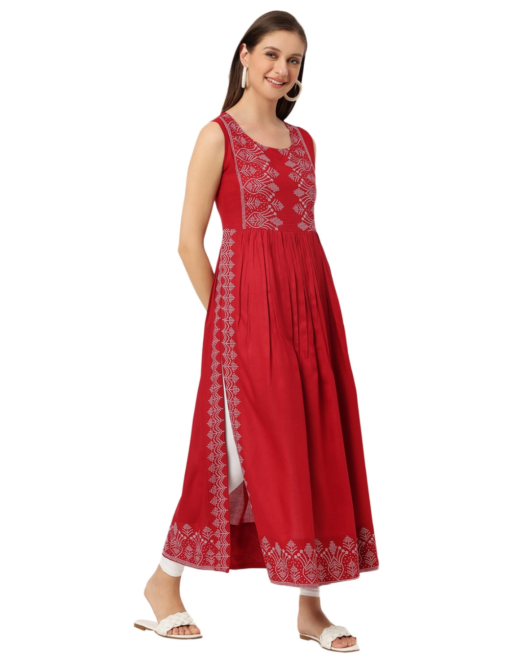 RimeLine Burgundy Ethnic motifs printed  Round neck Kurti For Women