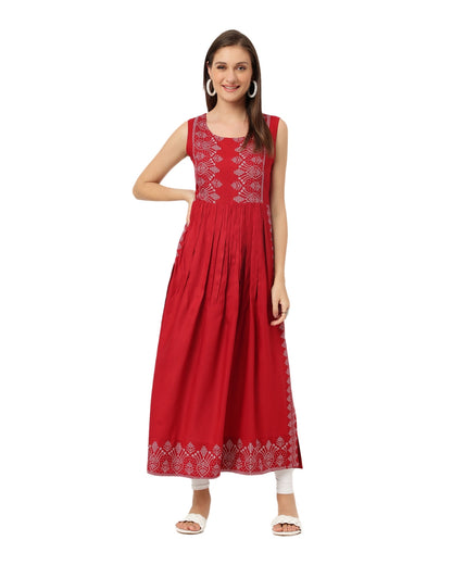 RimeLine Burgundy Ethnic motifs printed  Round neck Kurti For Women