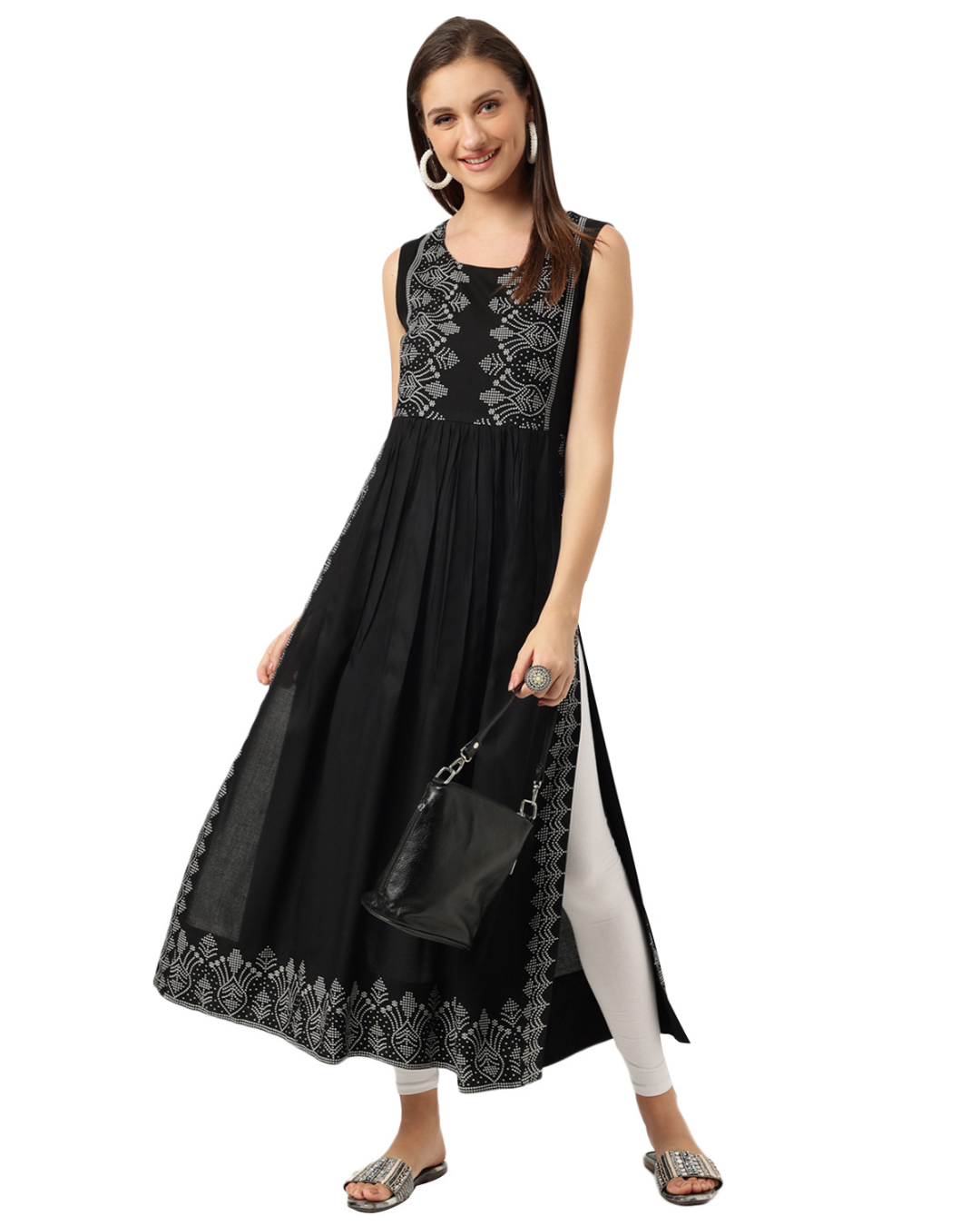 RimeLine BlackIkat Printed RoundRound neck Kurti For Women