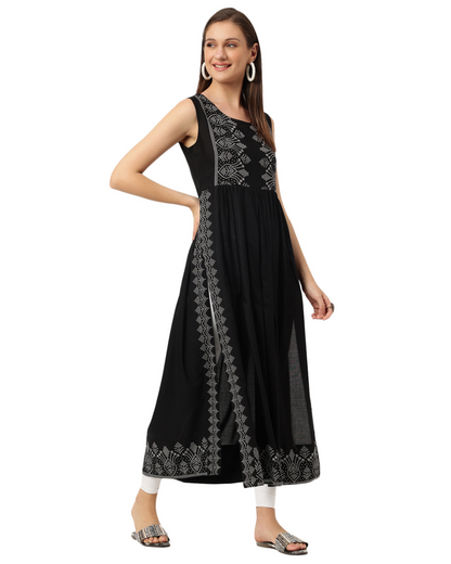 RimeLine BlackIkat Printed RoundRound neck Kurti For Women