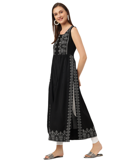 RimeLine BlackIkat Printed RoundRound neck Kurti For Women