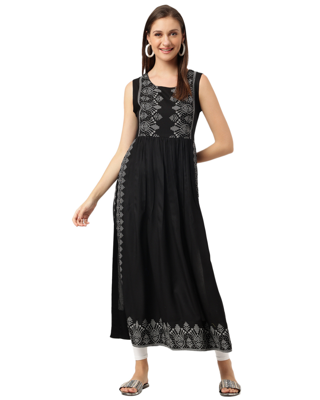 RimeLine BlackIkat Printed RoundRound neck Kurti For Women