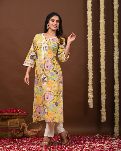 RimeLine Floral Printed Notch-Neck Straight Kurta