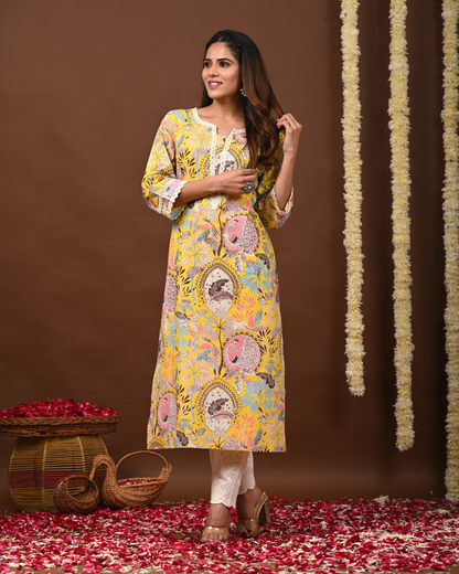 RimeLine Floral Printed Notch-Neck Straight Kurta