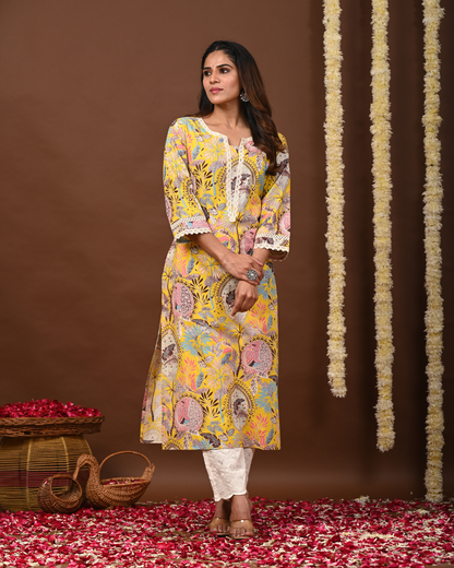 RimeLine Floral Printed Notch-Neck Straight Kurta