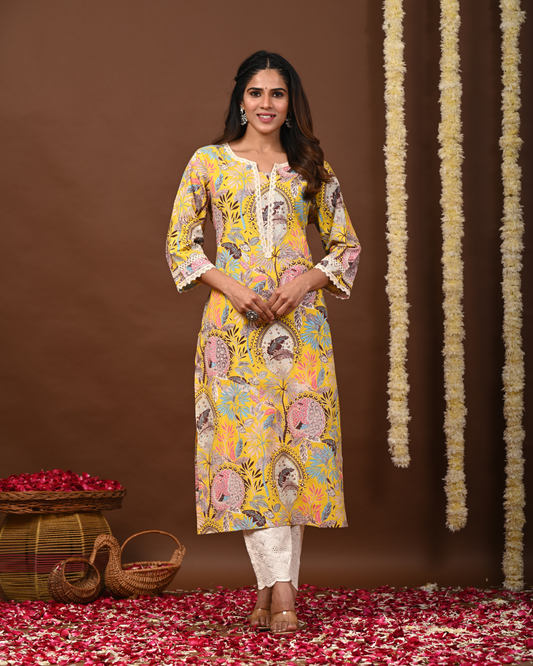 RimeLine Floral Printed Notch-Neck Straight Kurta