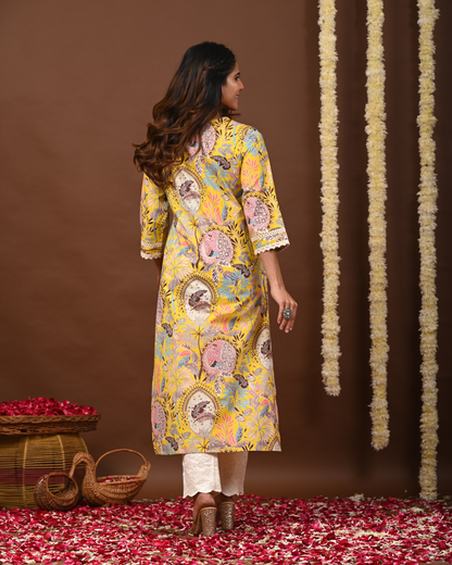 RimeLine Floral Printed Notch-Neck Straight Kurta