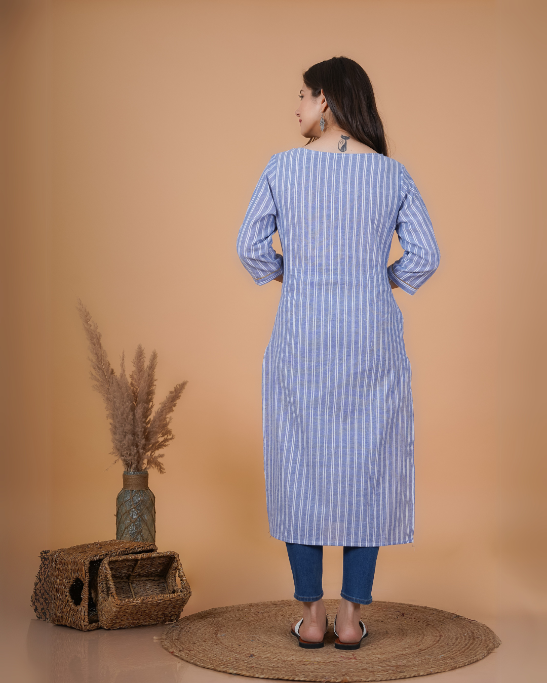 RimeLine Round Neck stripped Straight kurta for women