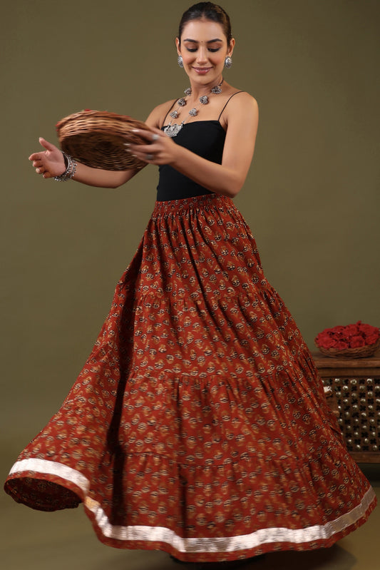 Rimeline Printed Pure Cotton Flared Tiered Maxi Skirt