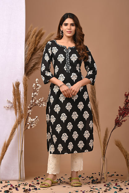 RimeLine Black Ethnic Motifs Printed Round-Nack Cotton Kurti