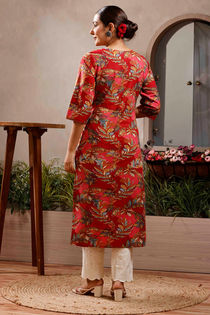 Rimeline Ethnic Motifs Printed Notch Neck Straight Pure Cotton Kurta