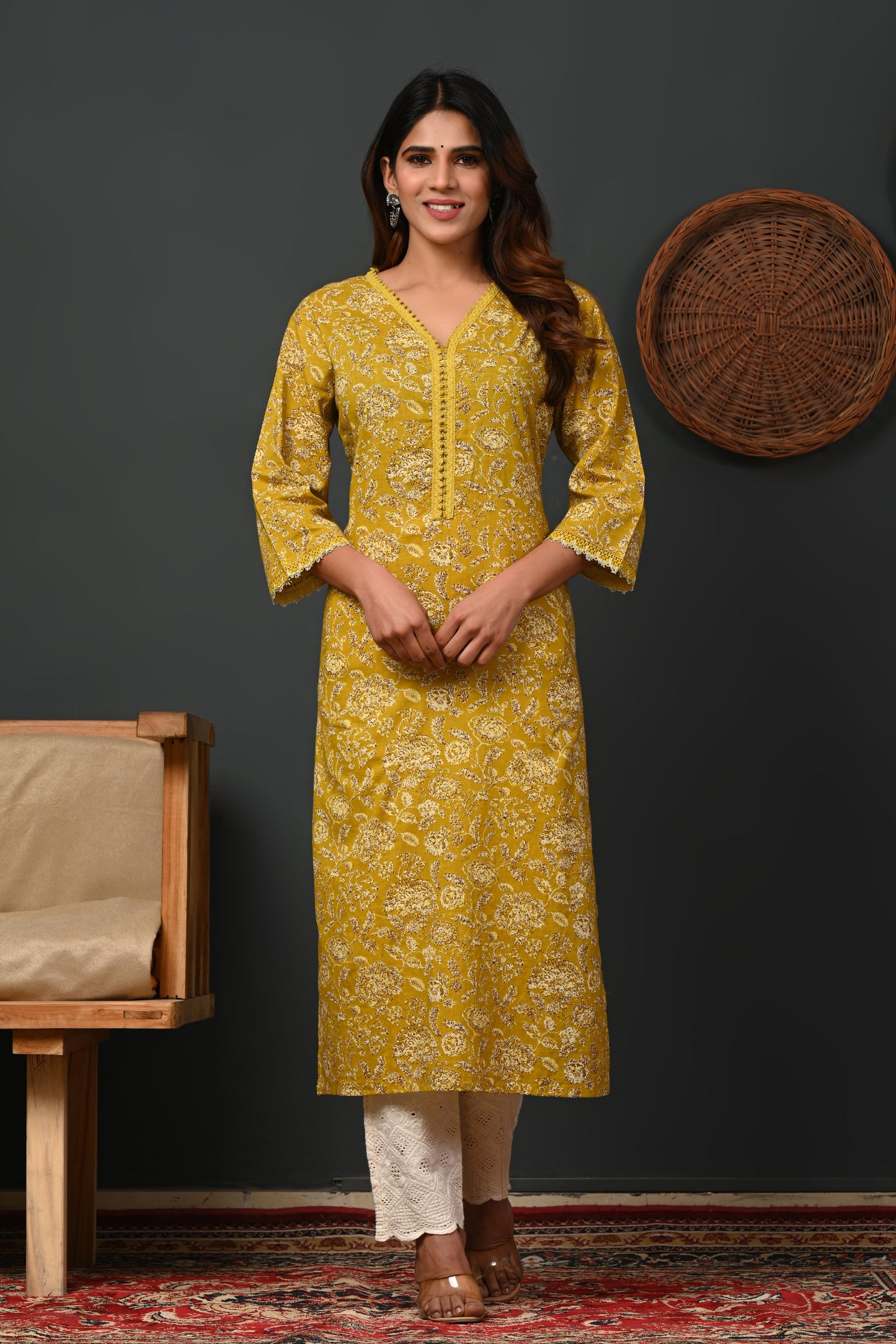 Floral Printed V-Neck Pure Cotton Straight Kurtas - Rimeline