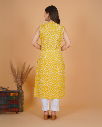 RimeLine Yellow Ethnic motifs printed Round neck Sleeveless Straight Kurta for Women