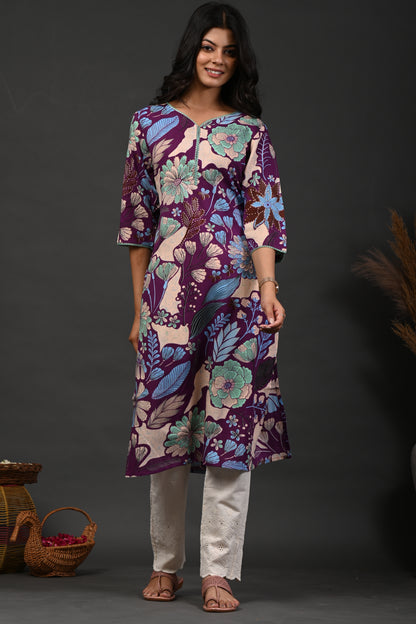 Rimeline Floral Screen Printed Sweetheart Neck Pure Cotton Straight Kurta