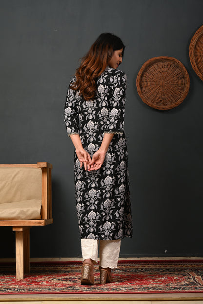 RimeLine Black Printed Rayon V-Neck Kurti for women