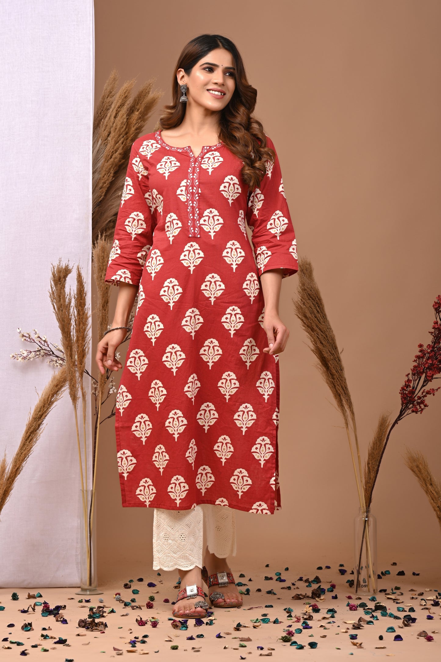 RimeLine Maroon Ethnic Motifs Printed Round-Neck Cotton Kurti
