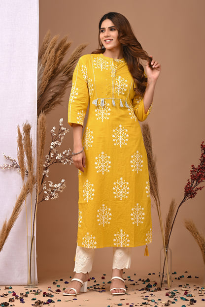RimeLine Mesh Yellow Mandain Neck Kurti For Women