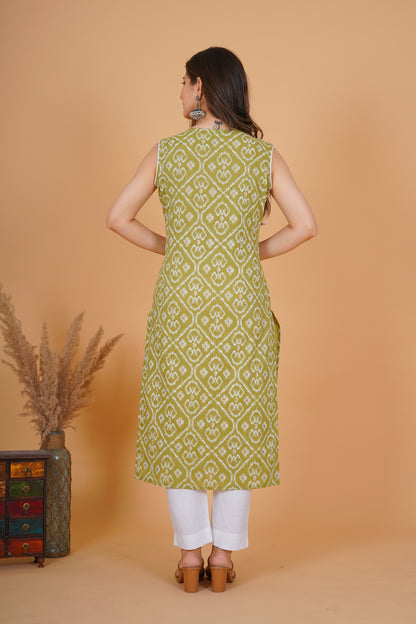 RimeLine Ethnic motifs printed Round neck Green Straight Kurta for Women