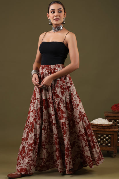 Rimeline Floral Printed Pure Cotton Flared Maxi Skirt