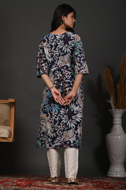 Rimeline Floral Screen Printed Square Neck Pure Cotton Straight Kurta