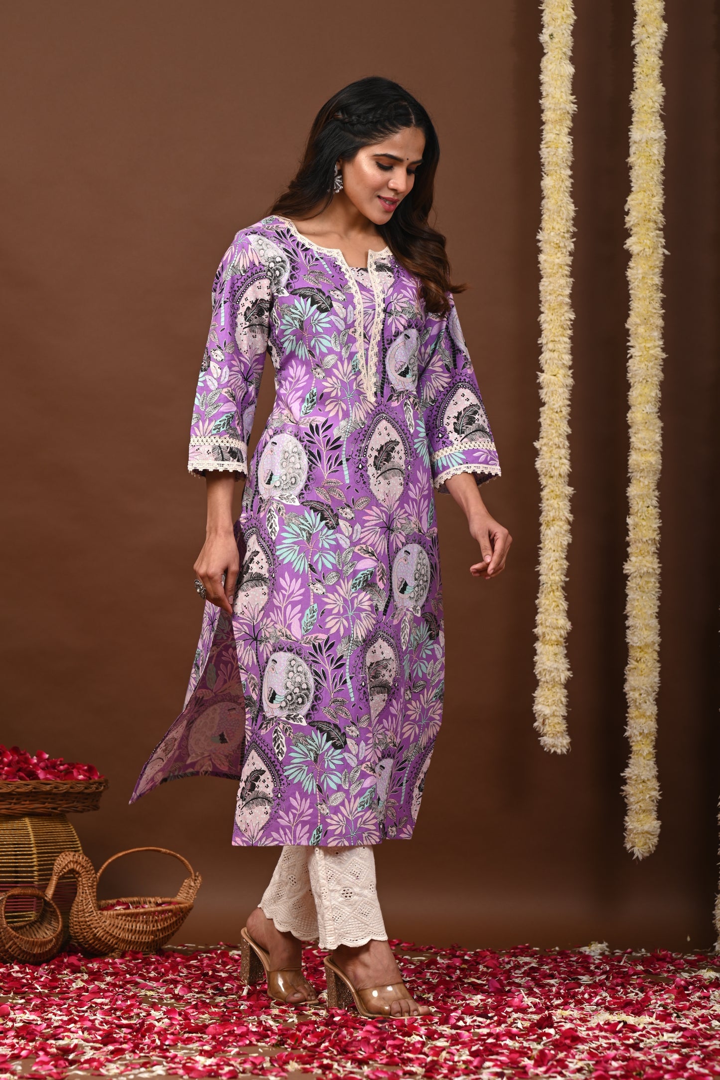 RimeLine Floral Printed Notch-Neck Straight Kurta