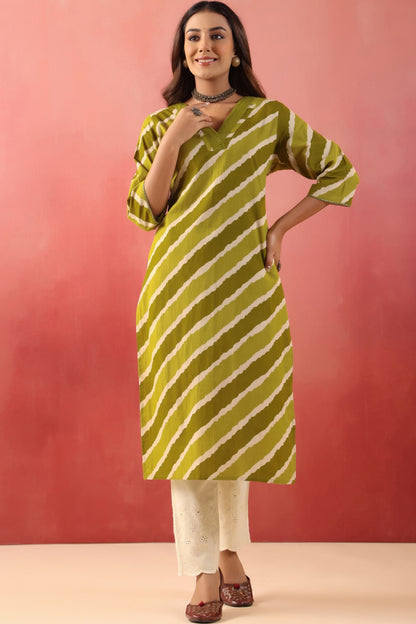 Rimeline Women Leheriya Printed V-Neck Sequinned Straight Cotton Kurta