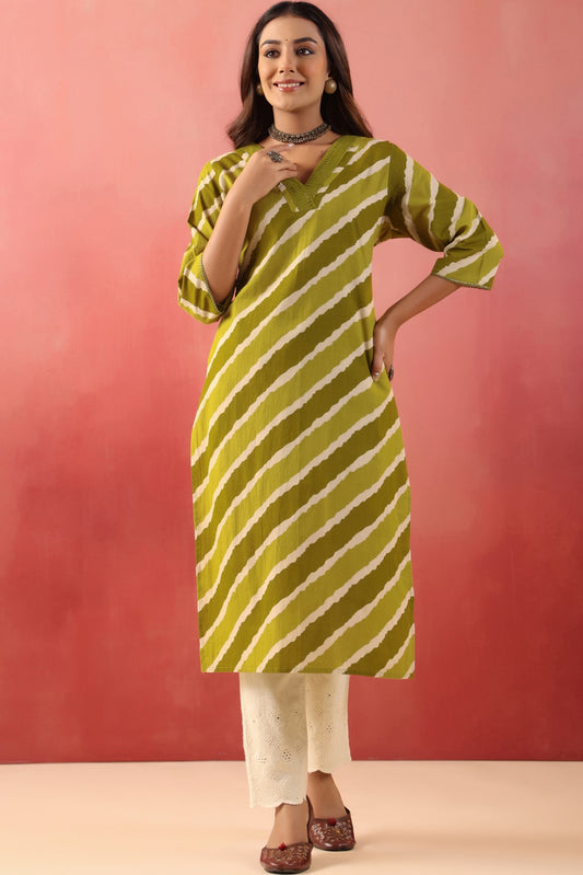 Rimeline Women Leheriya Printed V-Neck Sequinned Straight Cotton Kurta